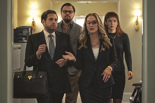 Meryl Streep as a corrupt president in Don’t Look Up, with (from left) Jonah Hill, Leonardo DiCaprio, and Jennifer Lawrence.