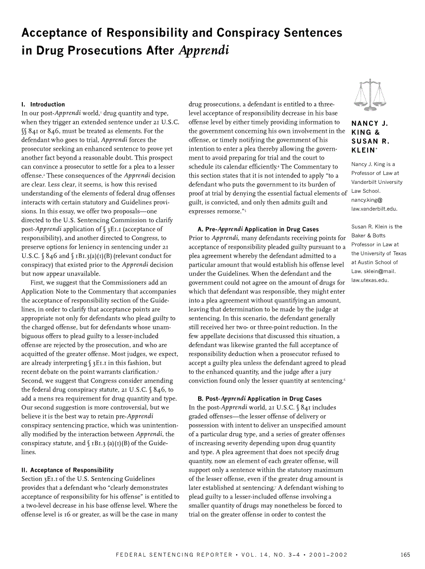 First page of Acceptance of Responsibility and Conspiracy Sentences in Drug Prosecutions After <italic>Apprendi</italic>