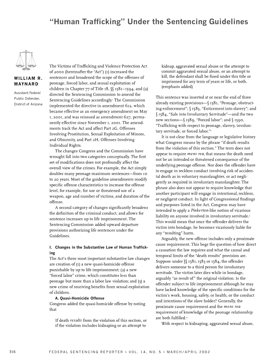 First page of ““Human Trafficking”” Under the Sentencing Guidelines