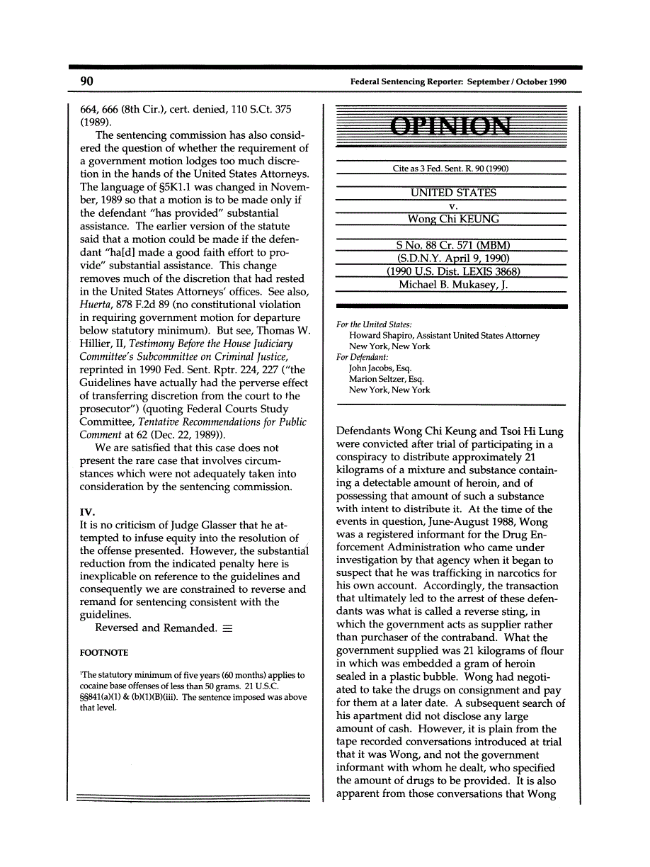 First page of United States v. Wong Chi Keung, S No. 88 Cr. 571 (MBM) (S.D.N.Y. April 9, 1990) (1990 U.S. Dist. LEXIS 3868)