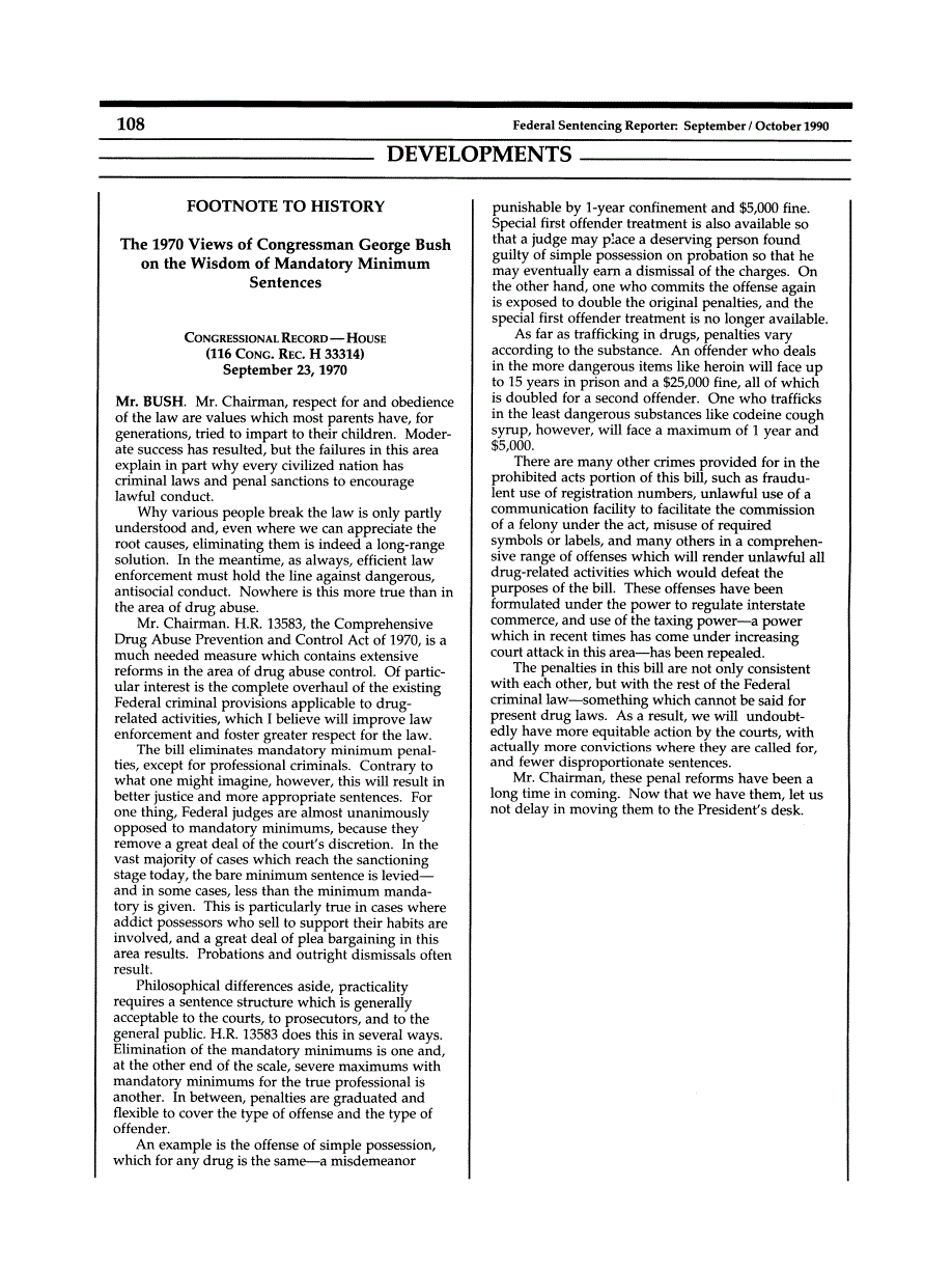 First page of Footnote to History: The 1970 Views of Congressman George Bush on the Wisdom of Mandatory Minimum Sentences: Congressional Record—House (116 Cong. Rec. H 33314) September 23, 1970