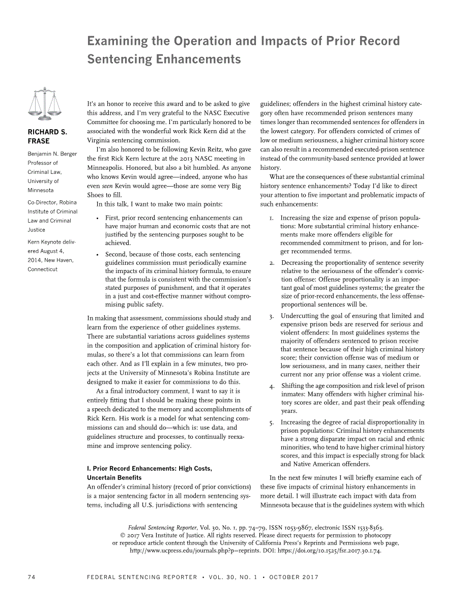 First page of Examining the Operation and Impacts of Prior Record Sentencing Enhancements