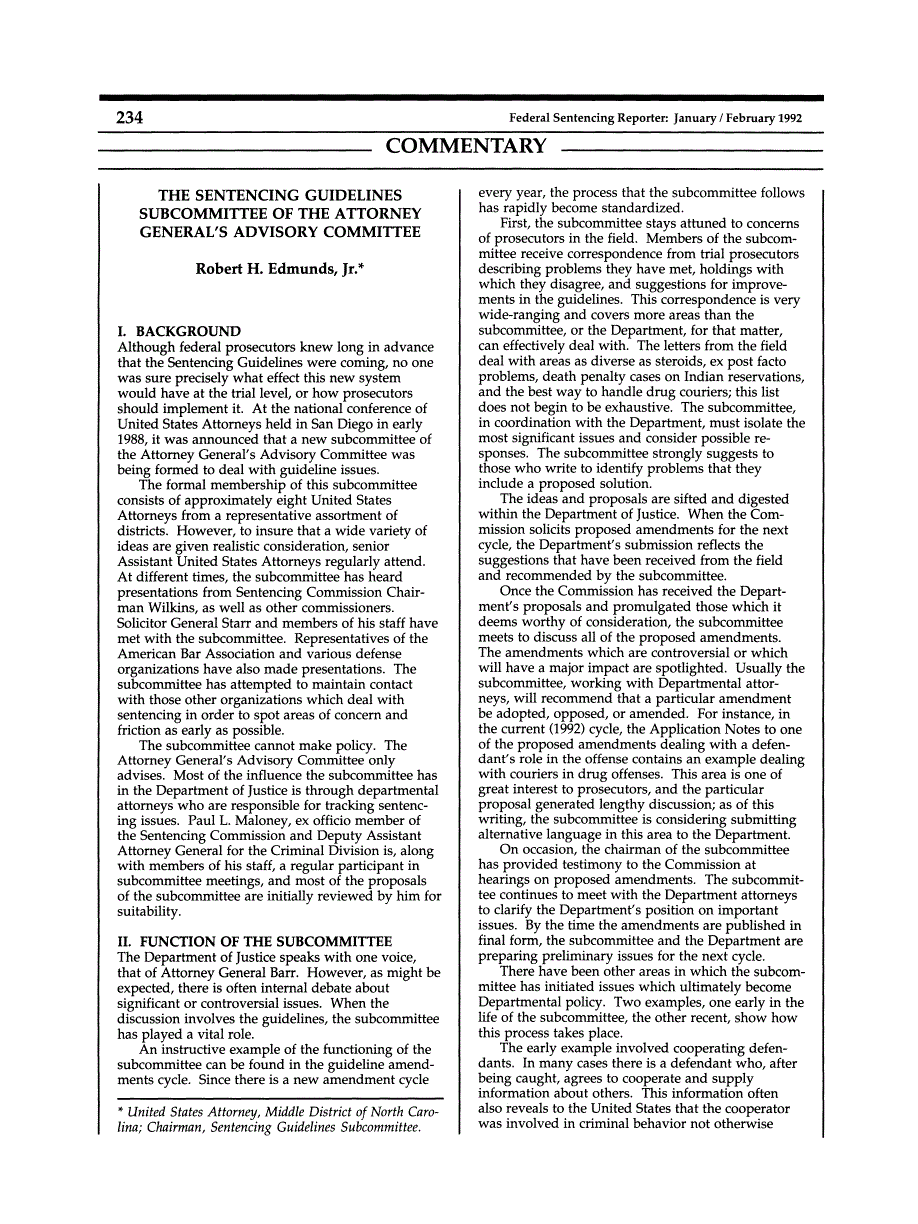 First page of The Sentencing Guidelines Subcommittee of the Attorney General's Advisory Committee