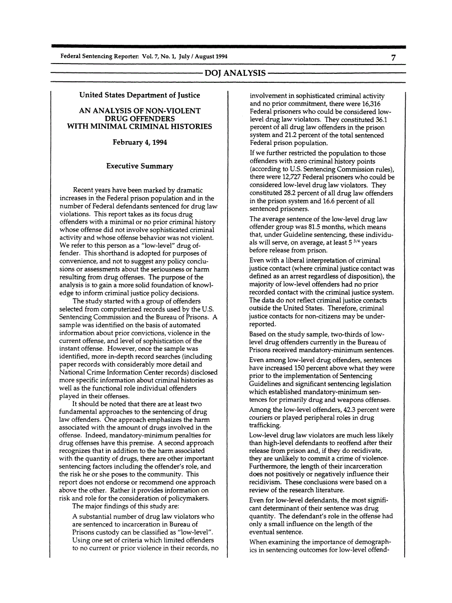 First page of United States Department of Justice: An Analysis of Non-Violent Drug Offenders with Minimal Criminal Histories: February 4, 1994
