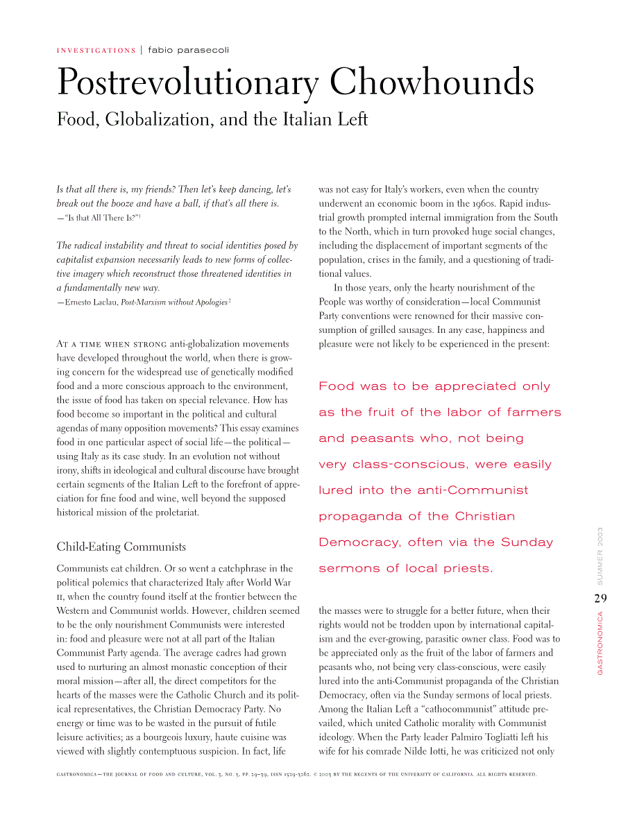 First page of Postrevolutionary Chowhounds: Food, Globalization, and the Italian Left