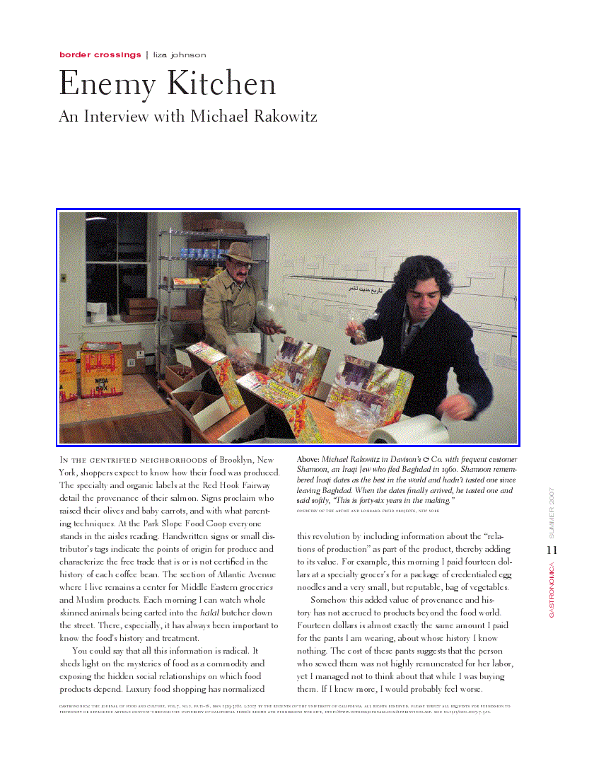 First page of Enemy Kitchen: An Interview with Michael Rakowitz