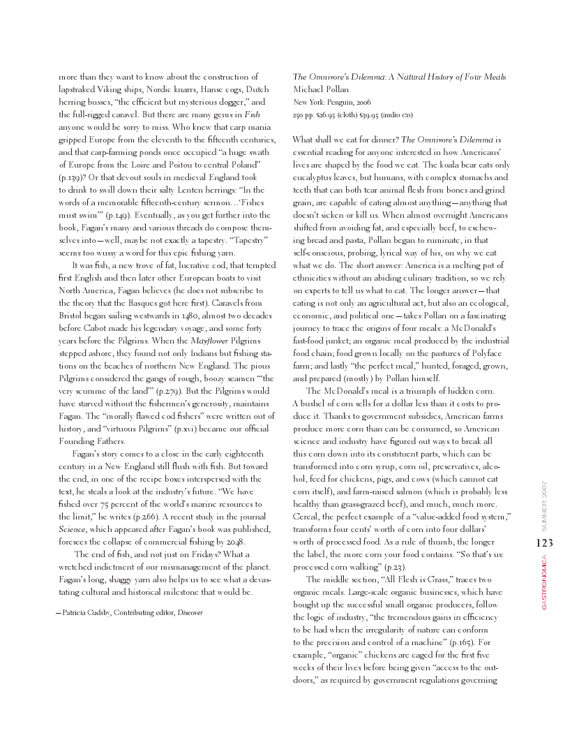 First page of Review: <italic>The Omnivore's Dilemma: A Natural History of Four Meals</italic>, by Michael Pollan<alt-title alt-title-type="implied">Review</alt-title>