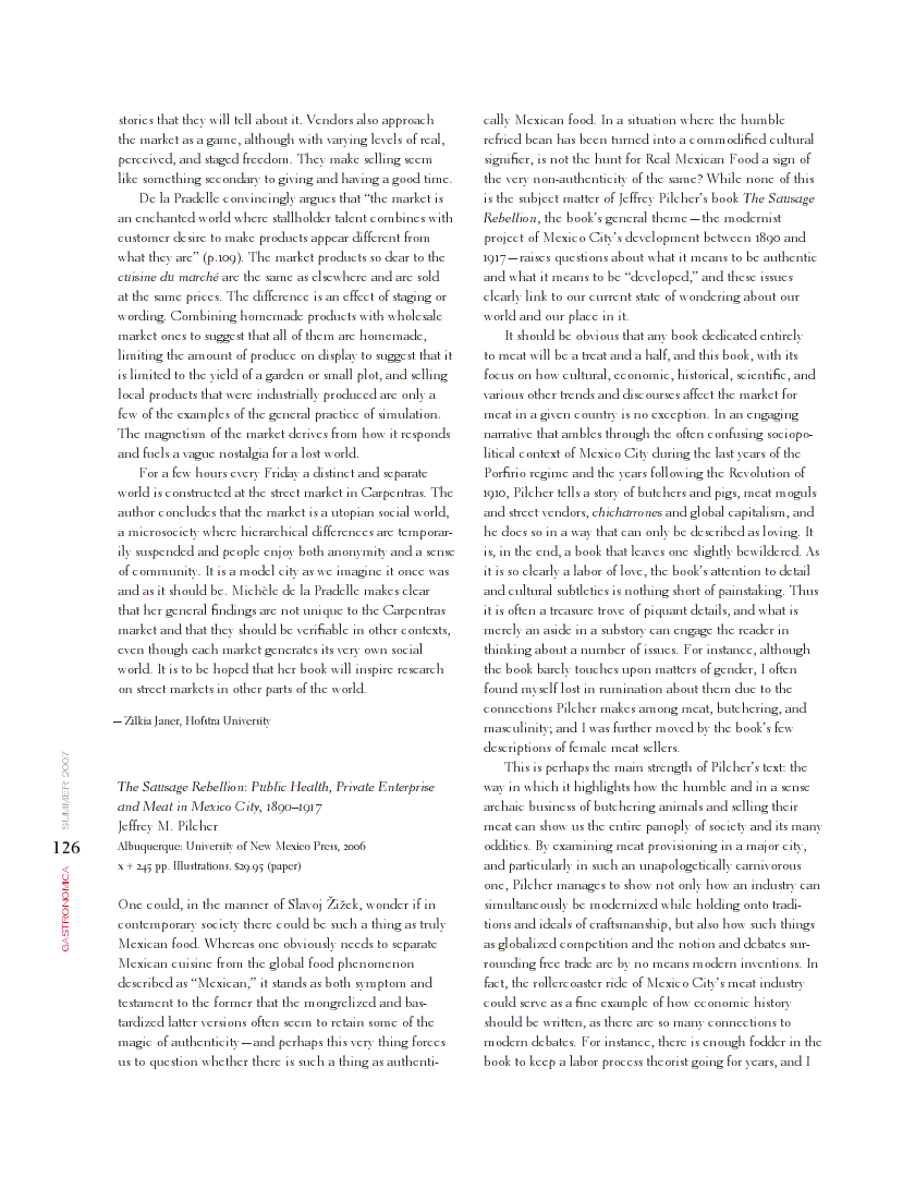 First page of Review: <italic>The Sausage Rebellion: Public Health, Private Enterprise and Meat in Mexico City, 1890––1917</italic>, by Jeffrey M. Pilcher<alt-title alt-title-type="implied">Review</alt-title>