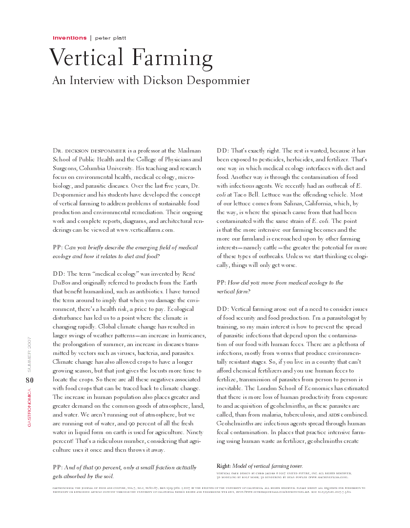 First page of Vertical Farming: An Interview with Dickson Despommier