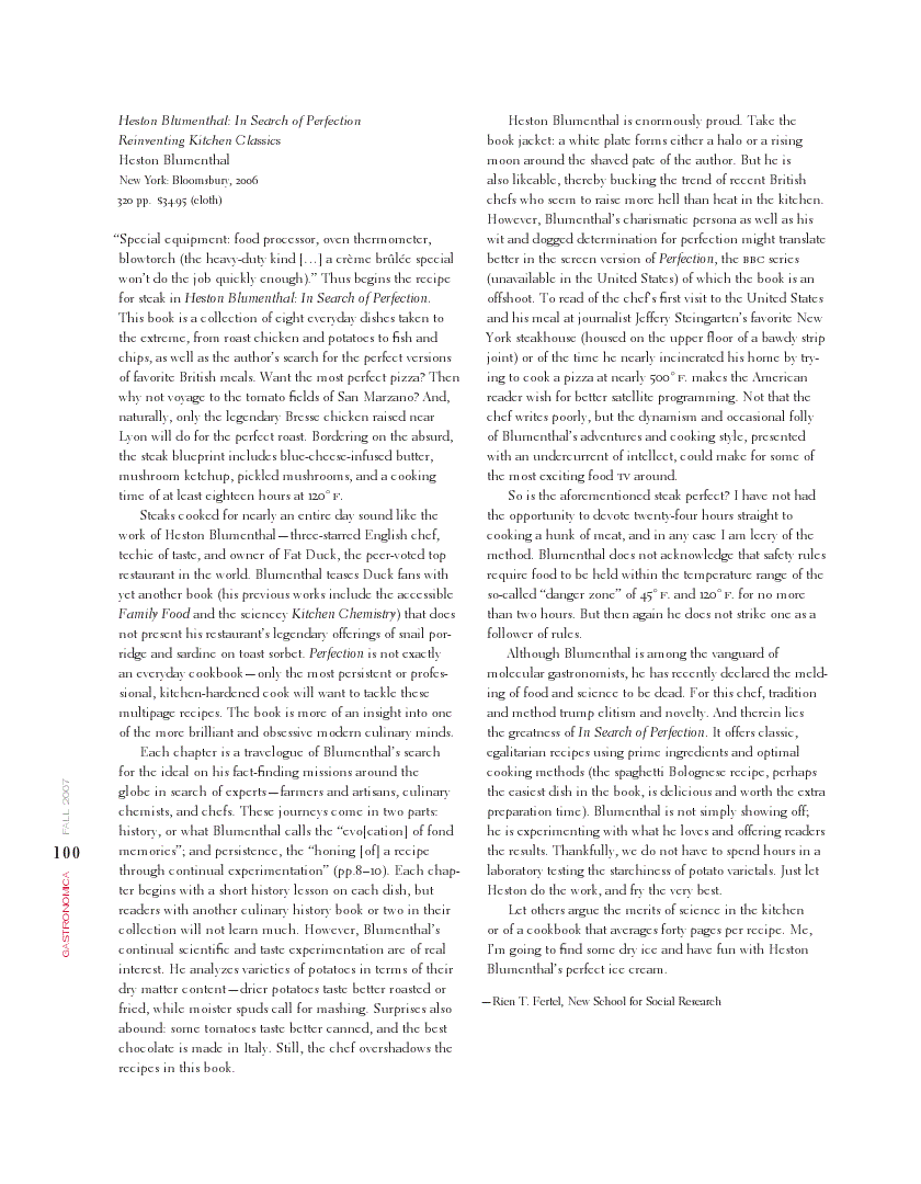 First page of Review: <italic>Heston Blumenthal: In Search of Perfection Reinventing Kitchen Classics</italic>, by Heston Blumenthal<alt-title alt-title-type="implied">Review</alt-title>