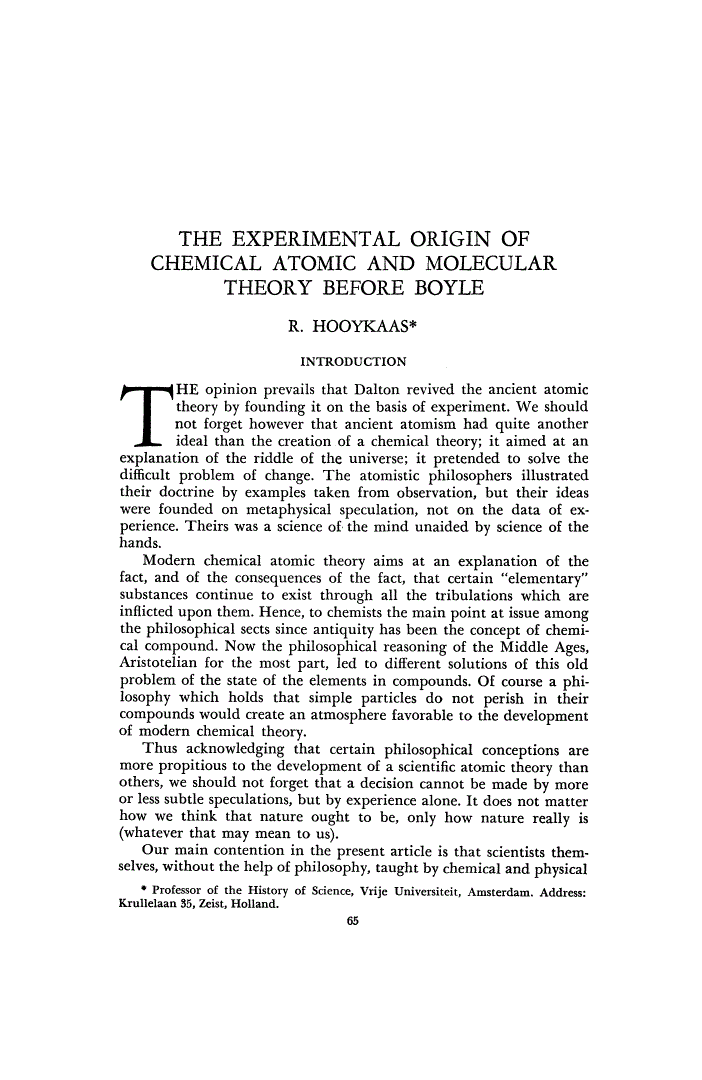 First page of The Experimental Origin of Chemical Atomic and Molecular Theory before Boyle