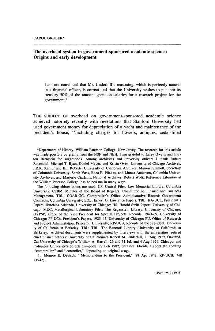 First page of The Overhead System in Government-Sponsored Academic Science: Origins and Early Development