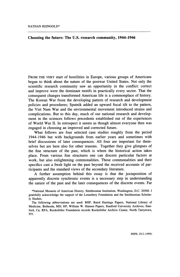 First page of Choosing the Future: The U.S. Research Community, 1944-1946