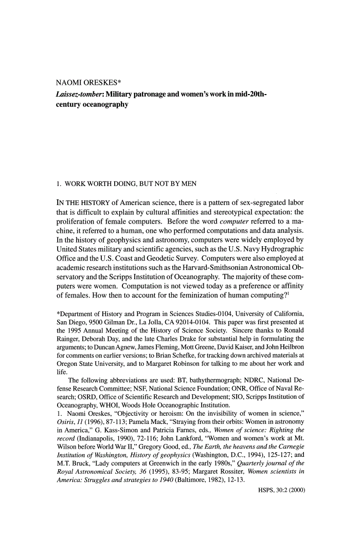 First page of "Laissez-tomber": Military Patronage and Women's Work in Mid-20th-Century Oceanography
