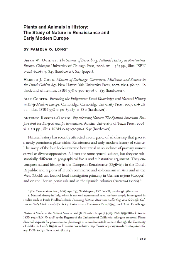 First page of Plants and Animals in History: The Study of Nature in Renaissance and Early Modern Europe<alt-title alt-title-type="foot-running" />