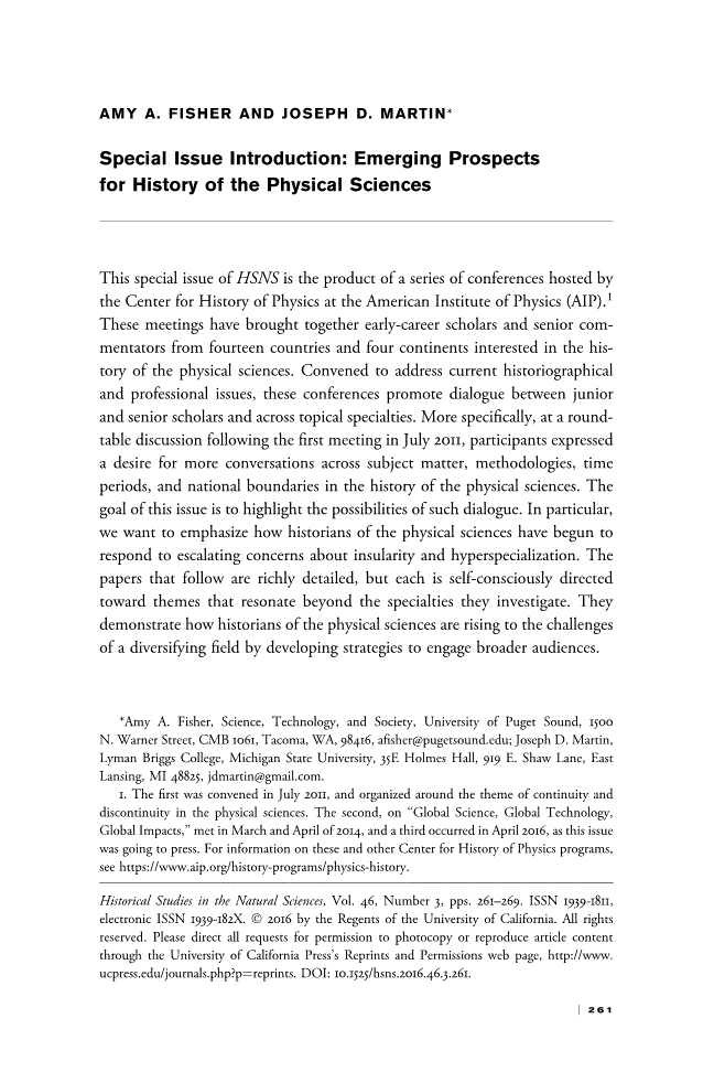 First page of Special Issue Introduction<subtitle>Emerging Prospects for History of the Physical Sciences</subtitle>