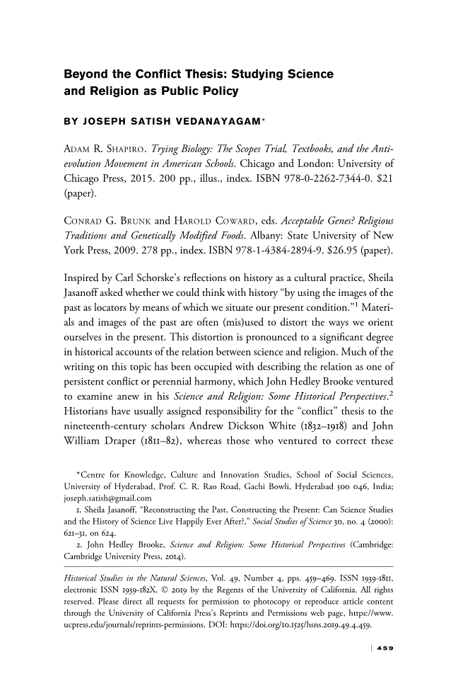 First page of Beyond the Conflict Thesis<subtitle>Studying Science and Religion as Public Policy</subtitle>