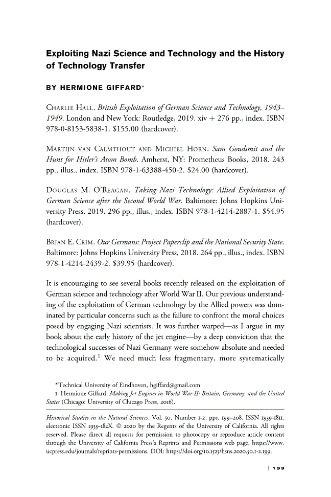 First page of Exploiting Nazi Science and Technology and the History of Technology Transfer