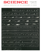 Presenting Whale Song. Cover of the August 1971 issue of Science (Vol. 173, no. 3997) displaying a photonegative image of the traced humpback whale song spectrograms from Payne and McVay’s article published within. The frontmatter indicates that this tracing was made by Roger S. Payne. The spectrograms can be read left to right and top to bottom, the same as sheet music, with pitch or frequency on the vertical axis and time on the horizontal. Used with permission of the American Association for the Advancement of Science (AAAS), as conveyed through Copyright Clearance Center, Inc.