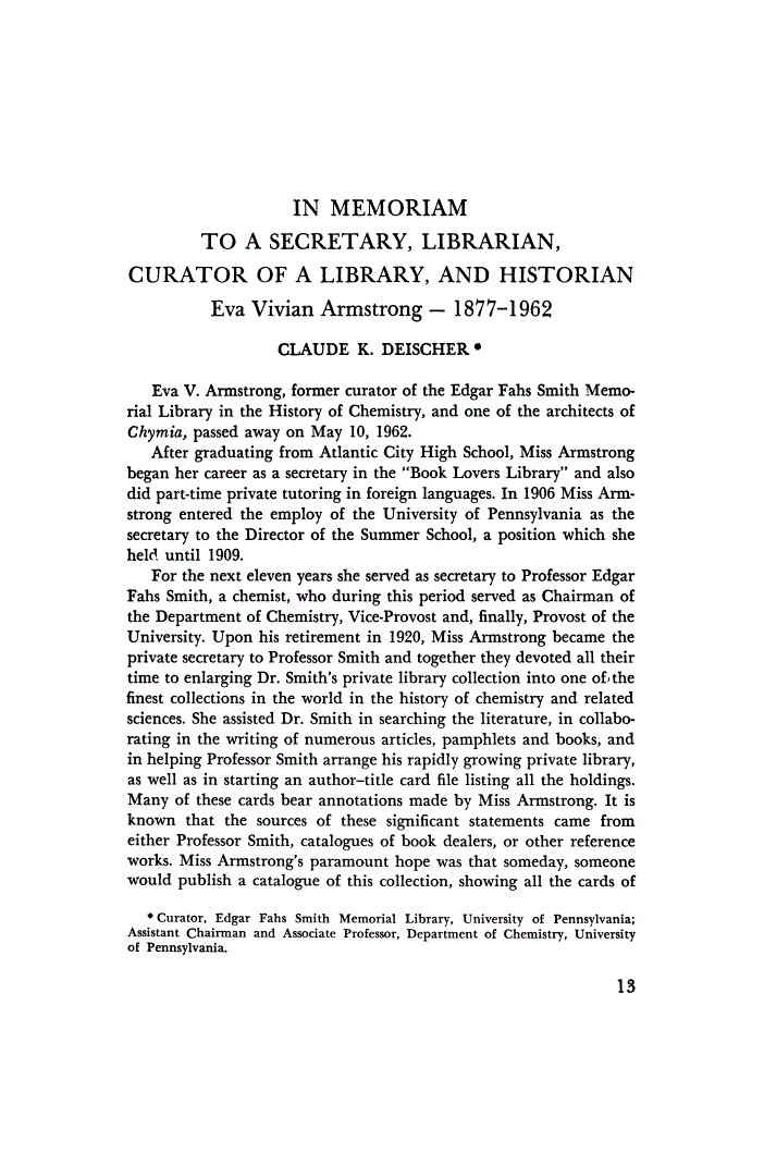First page of In Memoriam to a Secretary, Librarian, Curator of a Library, and Historian: Eva Vivian Armstrong - 1877-1962