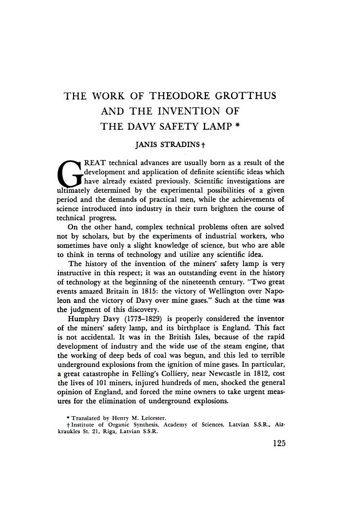 First page of The Work of Theodore Grotthus and the Innvention of the Davy Safety Lamp