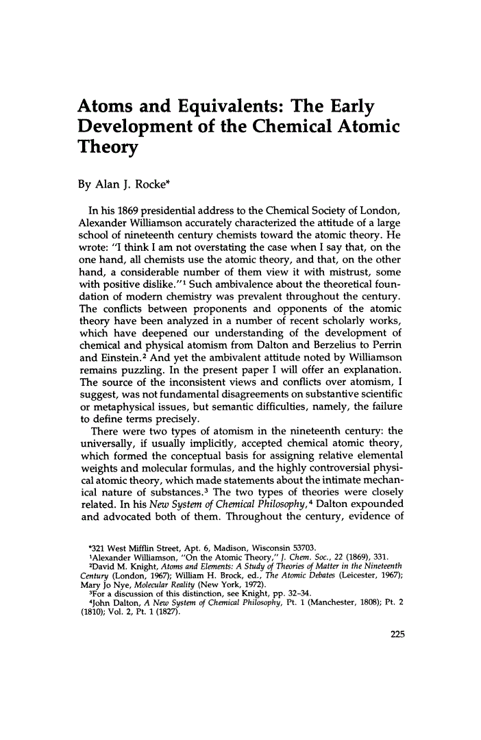 First page of Atoms and Equivalents: The Early Development of the Chemical Atomic Theory
