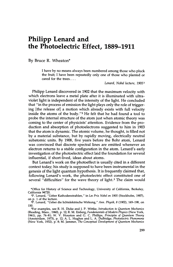 First page of Philipp Lenard and the Photoelectric Effect, 1889-1911