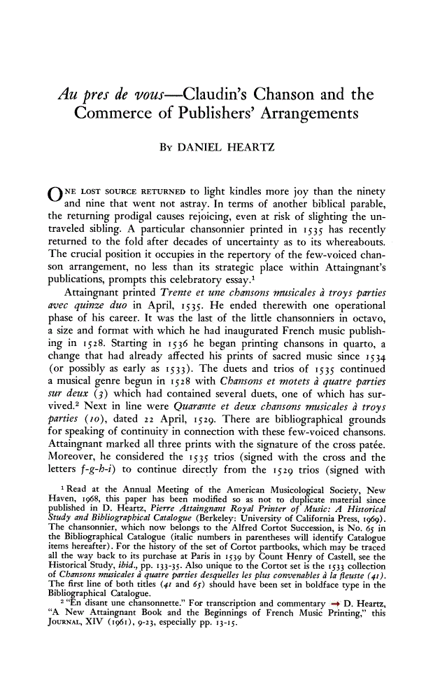 First page of <italic>Au pres de vous</italic>, Claudin's Chanson and the Commerce of Publishers' Arrangements