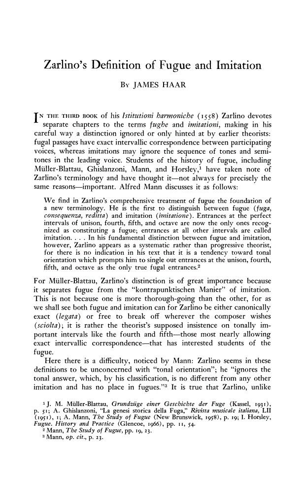 First page of Zarlino's Definition of Fugue and Imitation