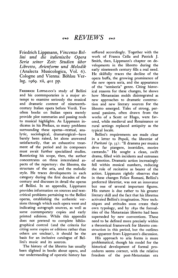 First page of Review: <italic>Vincenzo Bellini und die italienische Opera Seria seiner Zeit: Studien über Libretto, Arienform und Melodik</italic> by Friedrich Lippmann