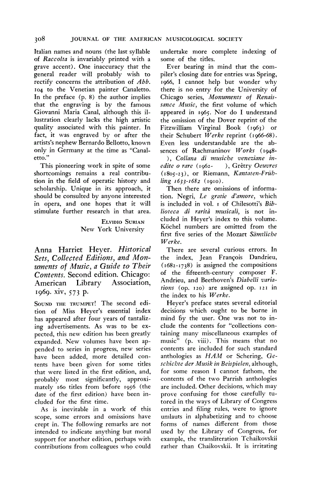 First page of Review: <italic>Historical Sets, Collected Editions, and Monuments of Music, a Guide to Their Contents</italic> by Anna Harriet Heyer