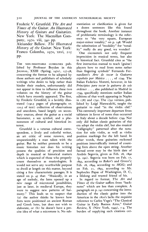 First page of Review: <italic>The Art and Times of the Guitar. An Illustrated History of Guitars and Guitarists</italic> by Frederic V. Grunfeld; <italic>The Illustrated History of the Guitar</italic> by Alexander Bellow