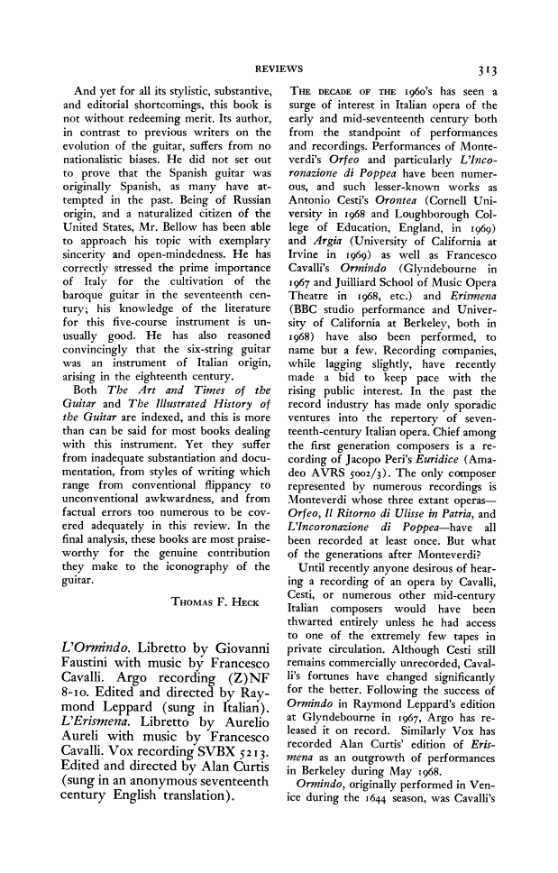 First page of Review: <italic>L'Ormindo</italic> by Giovanni Faustini, Francesco Cavalli, Raymond Leppard; <italic>L'Erismena</italic> by Aurelio Aureli, Francesco Cavalli, Alan Curtis