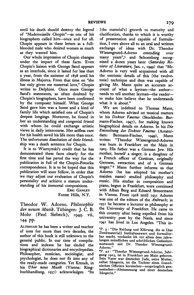 First page of Review: <italic>Philosophie der neuen Musik</italic> by Theodor W. Adorno