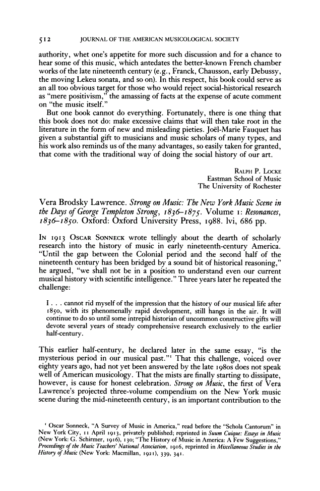 First page of Review: <italic>Strong on Music: The New York Music Scene in the Days of George Templeton Strong, 1836-1875. Volume 1: Resonances, 1836-1850</italic> by Vera Brodsky Lawrence