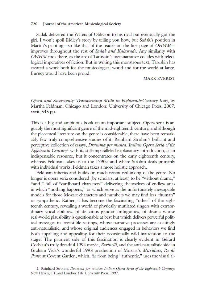 First page of Review: <italic>Opera and Sovereignty: Transforming Myths in Eighteenth-Century Italy</italic> by Martha Feldman