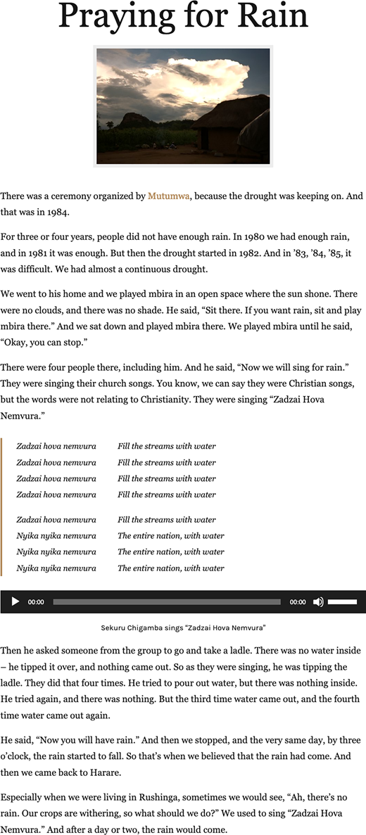 Screenshot from Sekuru's Stories, showing the beginning of “Praying for Rain” (a subsection of the “Independence” section), accessed March 17, 2020, https://sekuru.org/praying-for-rain/