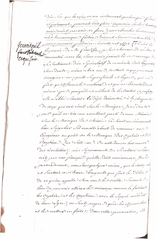 A page from an excerpted copy of Amiot’s letter to Henri Bertin of July 26, 1780, with Bertin’s annotation “Je crois qu’il faut Retrancher ce qui suit” in the upper-left margin, Paris, Bibliothèque nationale de France, Bréquigny 3, 46v. Used by permission.