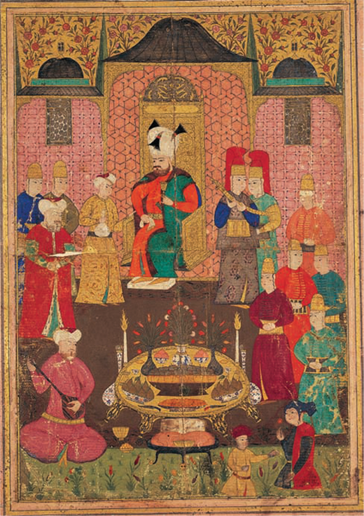 A gathering at the court of Murad IV. Miniature album (compiled eighteenth century), Topkapı Palace Museum Library, ms. H. 2148, 11v. Reprinted by permission of the Directorate of National Palaces.