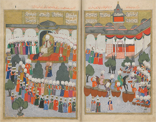 An Eid (bayram) celebration at the imperial palace, accompanied by ceremonial music. Seyyid Lokman, Şehinşâhnâme (ca. 1592), Topkapı Palace Museum Library, ms. B. 200, 159v–160r. Reprinted by permission of the Directorate of National Palaces.
