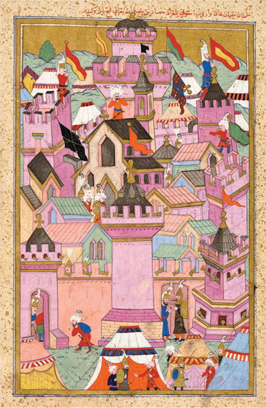 A muezzin (top center) recites the victory adhan from a church following the conquest of İstolni Belgrad (Székesfehérvár). Seyyid Lokman, Hünernâme (ca. 1587), Topkapı Palace Museum Library, ms. H. 1524, 268v. Reprinted by permission of the Directorate of National Palaces.