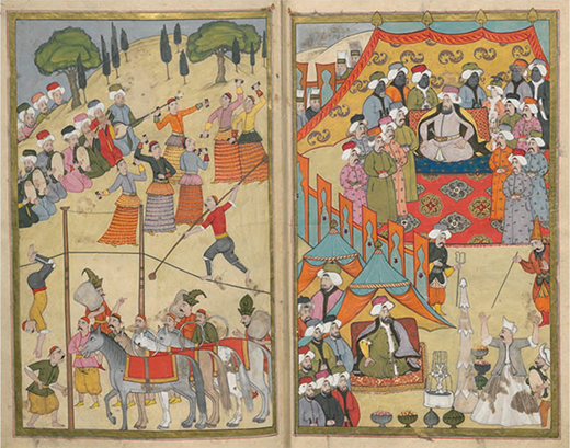 Musicians, dancers, acrobats, and a conjurer are watched by Sultan Ahmed III (r. 1703–30) and his retinue at an imperial circumcision festival. Levnî, Surnâme-i Vehbî (ca. 1720), Topkapı Palace Museum Library, ms. A. 3593, 65v–66r. Reprinted by permission of the Directorate of National Palaces.
