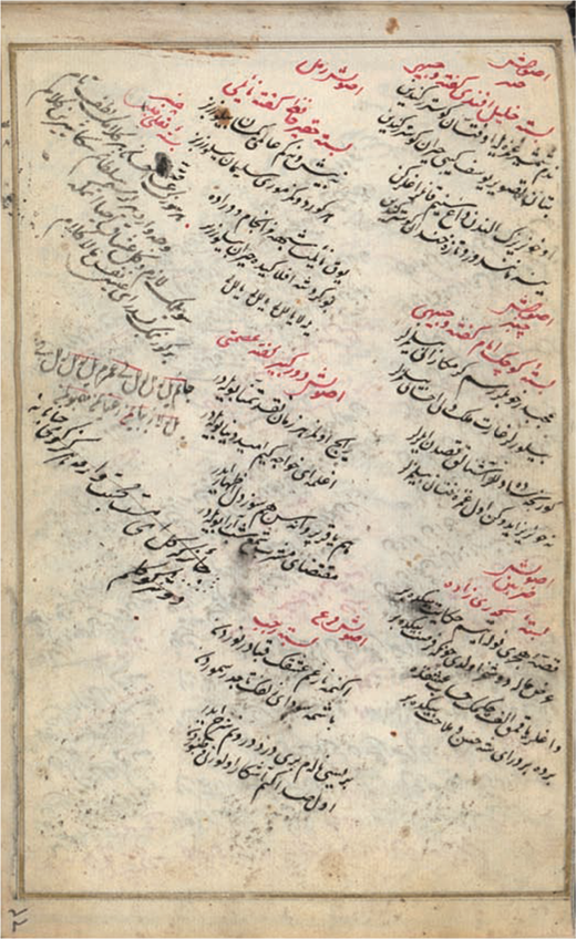 A page from a seventeenth-century song-text collection. Istanbul University Rare Works Library, ms. T.Y. 9857, 63r.