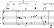 The “mode” of Mode de valeurs et d’intensités, organized horizontally by Messiaen’s three “divisions” and rearranged vertically by intensity (dynamic). The representation shows at once the three twelve-tone aggregates emergent from Messiaen’s “divisions” (horizontal), and the three twelve-tone aggregates emergent from dynamic classifications (A: ppp–pp, f; B: p–mf; C: ff–fff).