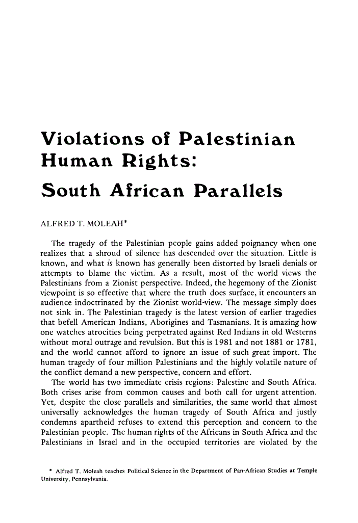 First page of Violations of Palestinian Human Rights: South African Parallels