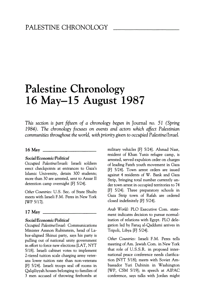 First page of Palestine Chronology 16 May-15 August 1987