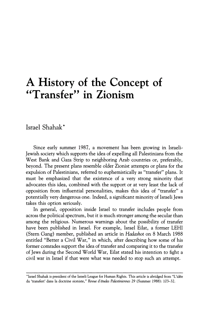 First page of A History of the Concept of "Transfer" in Zionism