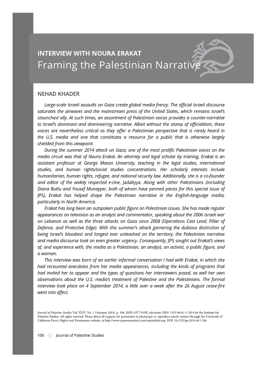 First page of INTERVIEW WITH NOURA ERAKAT<subtitle>Framing the Palestinian Narrative</subtitle>