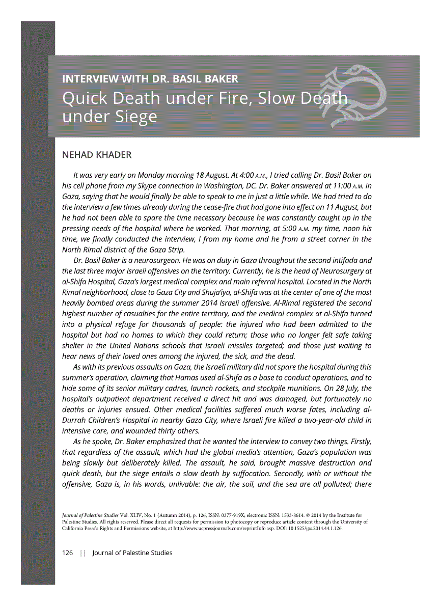 First page of INTERVIEW WITH DR. BASIL BAKER<subtitle>Quick Death under Fire, Slow Death under Siege</subtitle>
