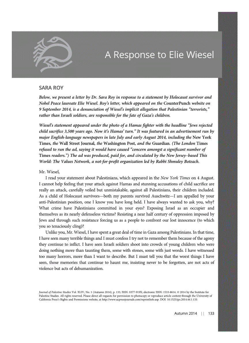 First page of A Response to Elie Wiesel